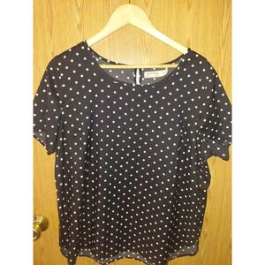 Faded Glory Womens XL Black White Polka Dot Short Sleeve Keyhole Blouse Top